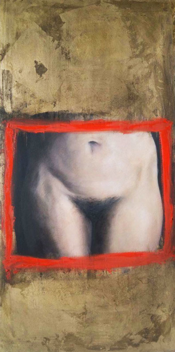 Il motore della vita, 2016, olio su tela e foglie d’oro, cm 40×80