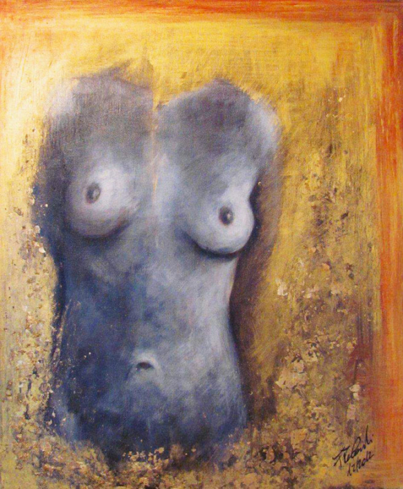 Nell’autunno avvolta, 2012, tempera acrilica e foglie d’oro su tela, cm 50×60